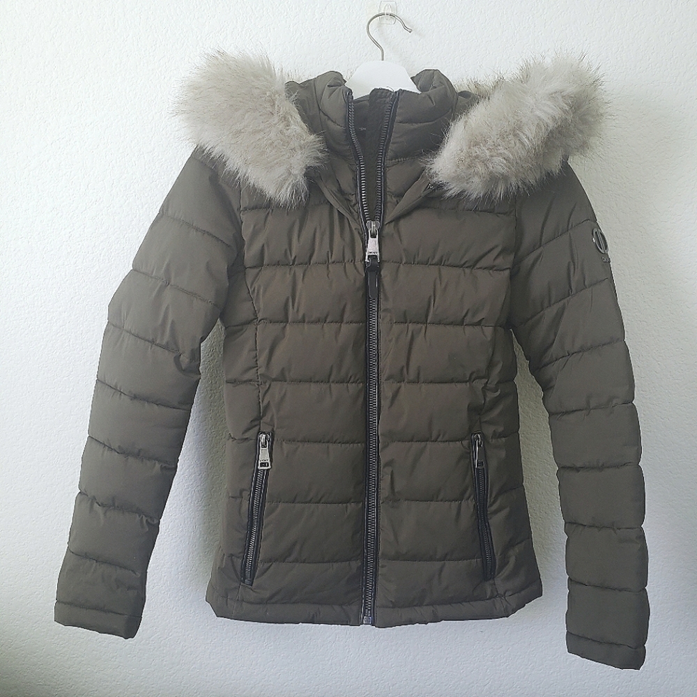 DKNY womens green puffer jacket faux fur hood XXS